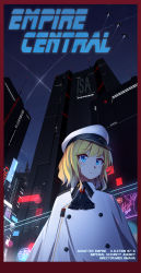 Rule 34 | 1girl, absurdres, arnold-s, bad id, bad pixiv id, blonde hair, blue eyes, blush, character request, city, closed mouth, cyberpunk, english text, hat, headset, highres, looking away, night, outdoors, short hair, solo, warship girls r, white hat