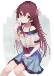 Rule 34 | 1girl, bare shoulders, blue skirt, blush, breasts, brown hair, earrings, hair ornament, jewelry, kantai collection, kisaragi (kancolle), long hair, official alternate costume, purple eyes, shirt, sitting, skirt, small breasts, smile, solo, wet, wet clothes, white background, white shirt, yamashichi (mtseven)
