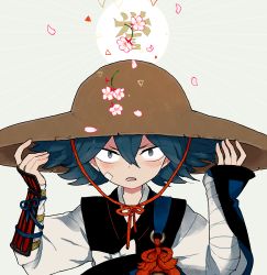 Rule 34 | 10s, 1boy, armor, bandages, blue hair, flower, hat, japanese armor, japanese clothes, kote, l hakase, looking at viewer, lowres, male focus, open mouth, petals, sayo samonji, solo, touken ranbu, upper body