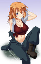 Rule 34 | 1girl, blue eyes, blush, bodysuit, boots, breasts, charlotte e. yeager, cleavage, crop top, grin, kuronyan, large breasts, leg up, midriff, off shoulder, one eye closed, open clothes, orange hair, panties, shirt, sitting, smile, solo, strike witches, tank top, taut clothes, taut shirt, tied shirt, towel, underwear, white panties, wink, world witches series