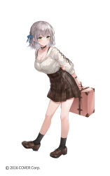 Rule 34 | 1girl, black socks, blue bow, blush, bow, braid, breasts, brown footwear, brown skirt, cleavage, copyright notice, full body, green eyes, grey hair, hair bow, higeneko, holding, hololive, large breasts, leaning forward, long sleeves, official art, plaid, plaid skirt, pleated skirt, puffy long sleeves, puffy sleeves, ribbed legwear, ribbed sweater, shirogane noel, shirogane noel (casual), shoes, simple background, skirt, socks, solo, standing, standing on one leg, suitcase, sweater, virtual youtuber, white background, white sweater