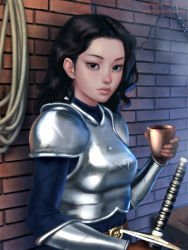Rule 34 | 1girl, armor, bad id, bad pixiv id, belt, black eyes, black hair, brick wall, chain, cup, dent, female focus, gohpot, highres, long hair, looking at viewer, original, plate armor, realistic, rope, scar, scratched armor, solo, sword, warrior, weapon