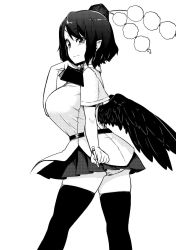 Rule 34 | 1girl, ass, belt, black wings, book, breasts, collar, from side, greyscale, hat, highres, himajin noizu, holding, holding pen, large breasts, looking at viewer, microskirt, monochrome, panties, pantyshot, pen, pointy ears, pom pom (clothes), shameimaru aya, short hair, short sleeves, skirt, solo, thighhighs, tokin hat, touhou, underwear, wings