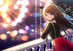 Rule 34 | 1girl, amusement park, bag, black shirt, blue eyes, blurry, blurry background, blush, brown hair, closed mouth, commentary request, crying, crying with eyes open, depth of field, ferris wheel, fingernails, floating hair, hair ornament, hairclip, kashiwaba en, leaning forward, long hair, long sleeves, looking at viewer, looking to the side, original, pleated skirt, railing, red skirt, shirt, shoulder bag, skirt, smile, solo, tears, very long hair