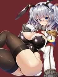 Rule 34 | &gt;:3, 1girl, :3, absurdres, animal ears, areola slip, beret, bespectacled, black leotard, black thighhighs, blue eyes, blush, breasts, epaulettes, fake animal ears, frilled sleeves, frills, glasses, gloves, hat, highres, kantai collection, kashima (kancolle), kerchief, large breasts, leotard, looking at viewer, military, military uniform, playboy bunny, rabbit ears, rabbit tail, red-framed eyewear, simple background, smile, solo, strapless, strapless leotard, tail, thighhighs, torisan, tsurime, twintails, uniform, v-shaped eyebrows, wavy hair, white gloves