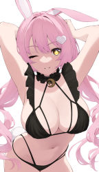Rule 34 | 1girl, absurdres, animal ears, ao (aokisora ao), arm behind head, armpits, arms up, bare arms, bare shoulders, bikini, black bikini, black choker, breasts, choker, cleavage, cowboy shot, frilled bikini, frilled choker, frills, hair ornament, highres, large breasts, leaning forward, long hair, looking at viewer, low twintails, multi-strapped bikini, navel, one eye closed, original, parted lips, pink hair, rabbit ears, rabbit tail, skindentation, smile, solo, sparkling eyes, stomach, string bikini, swimsuit, tail, twintails, very long hair, yellow eyes