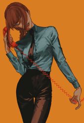 Rule 34 | 1girl, black necktie, black pants, braid, braided ponytail, breasts, chainsaw man, closed mouth, collared shirt, commentary, contrapposto, corded phone, cowboy shot, english commentary, formal, hair over one eye, head tilt, high-waist pants, highres, holding, holding phone, iamthekingofegg, lips, lipstick, long sleeves, looking at viewer, makeup, makima (chainsaw man), medium breasts, medium hair, necktie, orange background, orange eyes, pants, phone, red hair, red lips, ringed eyes, shirt, shirt tucked in, sidelocks, simple background, smile, solo, thigh gap, white shirt, wing collar