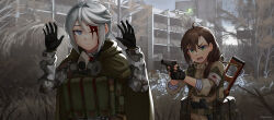 Rule 34 | 2girls, absurdres, ahoge, bandaged arm, bandages, black gloves, blood, blood on face, bloody bandages, blue eyes, blue sky, brown hair, brown jacket, building, camouflage, camouflage jacket, cloak, closed mouth, commentary request, day, fingerless gloves, gloves, green cloak, green eyes, grey hair, grey jacket, gun, hair between eyes, handgun, hands up, highres, holding, holding gun, holding weapon, jacket, long sleeves, multiple girls, ndtwofives, one eye closed, open mouth, outdoors, respirator, rifle, ruins, shirt, sky, sniper rifle, stalker (game), striped clothes, striped shirt, tree, twitter username, v-shaped eyebrows, vss vintorez, weapon, weapon request