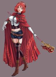 Rule 34 | 1girl, cape, lieselotte, red hair, simple background, solo, staff, valkyrie profile: covenant of the plume, valkyrie profile (series)