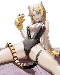 Rule 34 | 1girl, absurdres, animal ears, animal hands, arknights, black one-piece swimsuit, blonde hair, breasts, breasts apart, cameltoe, gloves, green eyes, highres, jewelry, large breasts, long hair, necklace, nippeki, one-piece swimsuit, paw gloves, pearl necklace, simple background, sitting, solo, spread legs, swimsuit, swire (arknights), tail, tail ornament, tail ring, thigh strap, tiger ears, tiger girl, tiger tail, very long hair, white background