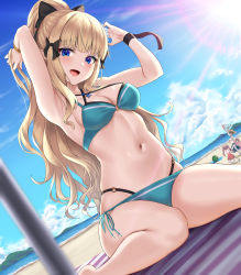 Rule 34 | 4girls, :d, absurdres, armpits, arms up, ayane (princess connect!), bare arms, bare shoulders, beach, beach mat, bikini, black bikini, blonde hair, blue bikini, blue eyes, blue sky, blurry, blurry foreground, bow, breasts, cleavage, cloud, commentary request, criss-cross halter, day, depth of field, dutch angle, food, fruit, hair bow, halterneck, high ponytail, highleg, highleg bikini, highres, kurumi (princess connect!), layered bikini, light rays, long hair, looking at viewer, medium breasts, multiple girls, navel, o-ring, o-ring bikini, o-ring bottom, o-ring top, official alternate costume, open mouth, outdoors, pointy ears, ponytail, princess connect!, rama (yu-light8), saren (princess connect!), saren (summer) (princess connect!), side-tie bikini bottom, side-tie bottom, sitting, sky, smile, solo focus, stomach, string bikini, suikawari, sun, sunbeam, sunlight, suzume (princess connect!), suzume (summer) (princess connect!), swimsuit, thighs, very long hair, wariza, watermelon