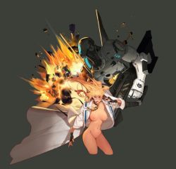 Rule 34 | 00s, 1girl, bad id, bad pixiv id, blonde hair, blue eyes, breasts, coat, cropped legs, dungeon and fighter, explosion, female gunner (dungeon and fighter), fingerless gloves, floating hair, gloves, goggles, grey background, gunner (dungeon and fighter), happening18, headset, jpeg artifacts, large breasts, long hair, looking at viewer, mecha, mechanic (dungeon and fighter), naked shirt, navel, nipples, open clothes, robot, shirt, simple background, solo, weapon