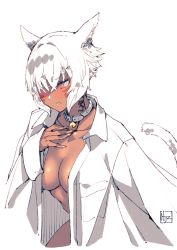 Rule 34 | 1girl, absurdres, animal ears, artist name, bell, breasts, cat ears, cat tail, cleavage, collar, collarbone, collared shirt, dark-skinned female, dark skin, facial mark, final fantasy, final fantasy xiv, fingernails, grey eyes, hair over one eye, hand on own chest, highres, hjz (artemi), long fingernails, long sleeves, medium breasts, miqo&#039;te, naked shirt, neck bell, neck tattoo, no bra, open clothes, open shirt, oversized clothes, oversized shirt, shirt, short hair, signature, slit pupils, solo, tail, tattoo, whisker markings, white background, white hair, white shirt, y&#039;shtola rhul