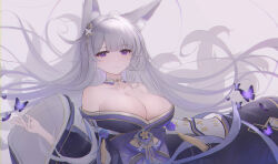 Rule 34 | 1girl, absurdres, animal ear fluff, animal ears, azur lane, bare shoulders, blunt bangs, breasts, bug, butterfly, cleavage, collarbone, dated, fox ears, fox girl, fox tail, hair ornament, highres, insect, japanese clothes, kimono, large breasts, long hair, long sleeves, looking at viewer, parted lips, purple eyes, purple kimono, shadow, shinano (azur lane), signature, simple background, solo, tail, white background, white hair, wide sleeves, xifanqvq