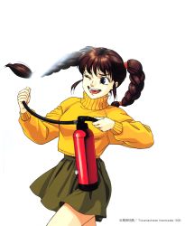 Rule 34 | 1990s (style), 1996, 1girl, black eyes, braid, brown hair, copyright notice, cowboy shot, dated, fire hydrant, green skirt, holding, long hair, long sleeves, open mouth, pc engine fan, retro artstyle, simple background, skirt, solo, spraying, sweater, takada akemi, turtleneck, twin braids, twintails, white background, wince, yellow sweater