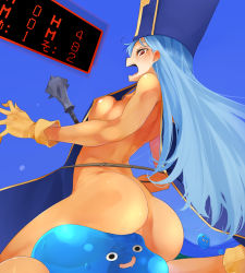 Rule 34 | 1girl, aka ume, anal, anal object insertion, ass, blue hat, blue tabard, bodysuit, dragon quest, dragon quest iii, gloves, hat, mace, mitre, object insertion, open mouth, priest (dq3), slime (dragon quest), solo, surprised, tabard, weapon