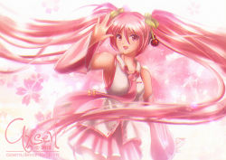 Rule 34 | \m/, axsen, cherry, dated, detached sleeves, floral background, food, frilled skirt, frills, fruit, hair ornament, hatsune miku, long hair, necktie, open \m/, pink eyes, pink hair, pink theme, sakura miku, signature, skirt, solo, twintails, very long hair, vocaloid, watermark, web address