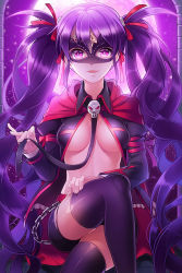 Rule 34 | 1girl, aile (crossroads), breasts, cape, chain, crossed legs, domino mask, full moon, hair ribbon, holding, mask, midriff, moon, open mouth, outdoors, purple eyes, purple hair, purple thighhighs, ribbon, sitting, skull, smile, solo, sword girls, thighhighs, twintails, undertaker (sword girls), wavy hair