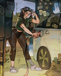 Rule 34 | 1girl, 7-eleven, arm tattoo, black hair, black pants, car, cat, coffee cup, crop top, cup, disposable cup, ear piercing, floating, floating object, gas pump, gas pump nozzle, gas station, gasoline, ghost, green shirt, hair ornament, highres, jewelry, magic, motor vehicle, original, pants, paper, piercing, plant, pointy ears, pringles, pringles can, ring, shirt, shoes, short sleeves, signature, simz, star (symbol), star hair ornament, string of light bulbs, tattoo, utility pole, white footwear, yoga pants