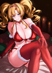 Rule 34 | 1girl, bikini, blonde hair, blue eyes, breasts, christmas, cleavage, crossed legs, crotch seam, elbow gloves, gloves, granblue fantasy, hand on own knee, highres, large breasts, looking at viewer, red bikini, red gloves, red thighhighs, santa bikini, santa costume, seductive smile, smile, solo, swimsuit, thighhighs, thighs, twintails, ulrich (tagaragakuin), zeta (granblue fantasy)