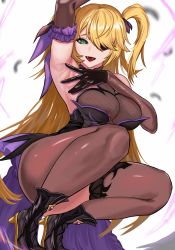 Rule 34 | 1girl, ankle boots, armpits, bad deviantart id, bad id, bare shoulders, blonde hair, boots, breasts, fangs, fischl (genshin impact), full body, genshin impact, gloves, green eyes, high heel boots, high heels, highres, large breasts, long hair, looking at viewer, loooyd, open mouth, pantyhose, presenting armpit, smile, solo, spread armpit, squatting, thighhighs, thighs