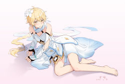 Rule 34 | 1boy, aether (genshin impact), ahoge, androgynous, bare legs, bare shoulders, blonde hair, blush, braid, braided ponytail, cosplay, crossdressing, detached sleeves, dress, embarrassed, flower, genshin impact, hair flower, hair ornament, hei lang, highres, long hair, lumine (genshin impact), lumine (genshin impact) (cosplay), male focus, sitting, solo, sweatdrop, trap, white dress, white flower