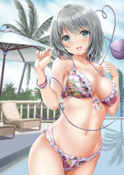 Rule 34 | 1girl, :d, akino irori, alternate costume, bare shoulders, bikini, blurry, blurry background, blush, bracelet, breasts, chair, cloud, cloudy sky, commentary request, cowboy shot, day, eyeball, floral print, frills, grey eyes, grey hair, hair between eyes, hands up, heart, heart of string, highres, jewelry, komeiji koishi, large breasts, looking at viewer, medium hair, navel, no headwear, open mouth, outdoors, pool, reflection, sky, smile, solo, swimsuit, third eye, touhou, umbrella
