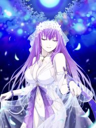 Rule 34 | bad id, bad twitter id, bead bracelet, beads, bikini, bracelet, breasts, brooch, cleavage, closed eyes, fate/grand order, fate (series), flower, forest, hair flower, hair ornament, heart, heart brooch, highres, jewelry, kino kokko, large breasts, moon, nature, night, one-piece swimsuit, outdoors, purple hair, scathach (fate), scathach skadi (fate), scathach skadi (swimsuit ruler) (fate), scathach skadi (swimsuit ruler) (third ascension) (fate), skirt hold, smile, swimsuit, tree, underwater, veil, white bikini, white flower, white one-piece swimsuit