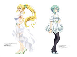 Rule 34 | 2girls, :d, absurdres, belt, black legwear, blonde hair, blue eyes, blue hair, bow, breasts, choker, closed mouth, dress, floating hair, full body, green bow, green eyes, hair bow, hair ornament, hand on own hip, high heels, highres, jacket, large breasts, layered skirt, leafa, long dress, long hair, looking to the side, miniskirt, multiple girls, official art, open mouth, pantyhose, pointy ears, ponytail, see-through, short hair, short sleeves, sideboob, sidelocks, simple background, sinon, skirt, smile, standing, sword art online, very long hair, wedding dress, white background, white belt, white choker, white dress, white footwear, white jacket, white skirt