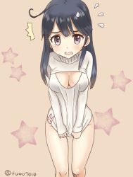 Rule 34 | 1girl, black hair, breasts, brown eyes, commentary request, cowboy shot, embarrassed, flying sweatdrops, kantai collection, kujira naoto, large breasts, long hair, meme attire, one-hour drawing challenge, open-chest sweater, pink background, solo, standing, star (symbol), starry background, sweater, turtleneck, turtleneck sweater, twitter username, ushio (kancolle), white sweater