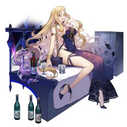 Rule 34 | 1girl, absurdly long hair, adriana (final gear), armlet, artist request, bag, bare arms, bare shoulders, belt, black belt, blonde hair, blush, bottle, bracelet, breasts, chain, cleavage, cup, curly hair, curly sidelocks, dress, drinking glass, earrings, final gear, fingernails, floral print, full body, hair intakes, halter dress, halterneck, hand in own hair, handbag, highres, ice, ice bucket, jewelry, lace-trimmed straps, large breasts, long hair, lower teeth only, nail polish, nose blush, o-ring, o-ring thigh strap, official art, open mouth, panties, parted bangs, pelvic curtain, purple bag, purple dress, purple footwear, purple nails, purple panties, purple straps, red ribbon, ribbon, see-through, see-through cleavage, shoe strap, side slit, sideboob, sidelocks, simple background, single bare leg, sitting, solo, speaker, tachi-e, teeth, thigh strap, third-party source, transparent background, underwear, very long hair, very long sidelocks, yellow eyes