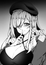 Rule 34 | 1girl, bad id, bad twitter id, beret, blush, braid, breasts, chickenvomit, cleavage, closed mouth, condom, condom wrapper, criss-cross halter, finger to mouth, g36c (girls&#039; frontline), girls&#039; frontline, gradient background, greyscale, hair over one eye, half-closed eyes, halterneck, hat, highres, large breasts, long hair, looking at viewer, monochrome, seductive smile, side braid, sidelocks, smile, solo, upper body