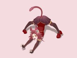 Rule 34 | 1girl, animal ears, blush, cat ears, cat girl, cat stretch, cat tail, gloves, highres, izayoi aki, looking at viewer, medium hair, non-web source, red hair, simple background, skirt, spread legs, stretching, tail, tongue, tongue out, yu-gi-oh!