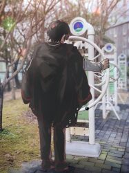 Rule 34 | 1boy, black coat, black footwear, black pants, coat, coat on shoulders, feruca, from behind, full body, highres, limbus company, outdoors, pants, photo background, project moon, shoes, solo, yi sang (project moon)