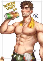 Rule 34 | 1boy, abs, alex (stardew valley), bara, brown hair, can, character name, copyright name, drink can, earrings, facial hair, green eyes, green shorts, greenteaa, highres, holding, holding can, jewelry, large pectorals, looking at viewer, male focus, muscular, muscular male, navel, navel hair, nipples, pectorals, short hair, shorts, soda can, solo, stardew valley, topless male, towel, towel around neck