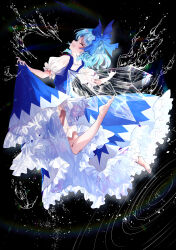 Rule 34 | 1girl, :d, absurdres, barefoot, black background, blue bow, blue dress, blue hair, bow, cirno, closed eyes, clothes lift, clothes pull, dress, dress pull, frilled dress, frills, from behind, full body, hair bow, highres, ice, ice wings, nettian51, open mouth, pulled by self, short hair, short sleeves, smile, solo, touhou, transparent wings, water, wings