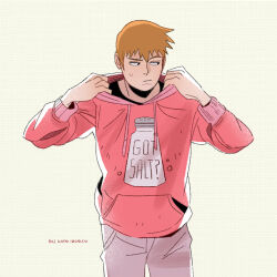 Rule 34 | 1boy, artist name, blonde hair, closed mouth, commentary, english commentary, english text, gatoiberico, highres, hood, hood down, hoodie, long sleeves, looking to the side, male focus, mob psycho 100, pants, print hoodie, red hoodie, reigen arataka, salt shaker, short hair, simple background, solo, standing