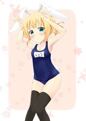 Rule 34 | 1girl, alternate hairstyle, animal ears, armpits, bad id, bad pixiv id, bare arms, bare shoulders, black thighhighs, blonde hair, blue eyes, blunt bangs, blush, breasts, cleavage, collarbone, cowboy shot, gochuumon wa usagi desu ka?, kirima syaro, knees together feet apart, light smile, looking at viewer, name tag, navel, old school swimsuit, one-piece swimsuit, pink background, playboy bunny swimsuit, rabbit ears, rabbit pose, rabbit tail, school swimsuit, short hair, side ponytail, small breasts, solo, standing, swimsuit, tail, tareme, thighhighs, yasaka (astray l)