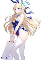 Rule 34 | 1girl, animal ears, ass, bare shoulders, blonde hair, blue archive, blue eyes, blue leotard, blush, breasts, briefcase, cleavage, commentary request, detached collar, earpiece, fake animal ears, fake tail, hair ribbon, halo, highleg, highleg leotard, highres, leotard, long hair, looking at viewer, medium breasts, official alternate costume, playboy bunny, rabbit ears, rabbit tail, ribbon, ririko (zhuoyandesailaer), solo, tail, thighhighs, thighs, toki (blue archive), toki (bunny) (blue archive), very long hair, wrist cuffs