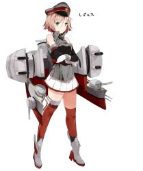 Rule 34 | 10s, 1girl, akiha (attract), asymmetrical legwear, bad id, bad twitter id, brown hair, cannon, character name, elbow gloves, full body, gloves, green eyes, grey hat, hat, hms repulse, kantai collection, kskasutera, machinery, original, short hair, skirt, solo, standing, thighhighs, uneven legwear, white background, white gloves
