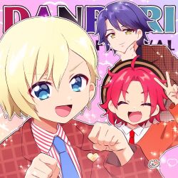 Rule 34 | 3boys, :d, ^ ^, blonde hair, blue eyes, blue hair, blue necktie, brown jacket, chii (chi pppuri), clenched hands, closed eyes, closed mouth, collared shirt, commentary request, facing viewer, fang, hand on own chin, hand up, hands up, idol time pripara, jacket, long sleeves, looking at viewer, male focus, mitaka asahi, multiple boys, necktie, open mouth, pretty series, pripara, purple hair, red hair, red necktie, shirt, short hair, smile, striped clothes, striped shirt, takase koyoi, upper body, v, white shirt, yellow eyes, yumekawa shogo