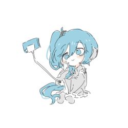 Rule 34 | 1girl, alternate hairstyle, blue eyes, blue hair, cellphone, chibi, chibi only, closed mouth, cs voca, hair between eyes, hair ornament, hand up, hatsune miku, long hair, long sleeves, lowres, phone, selfie, selfie stick, side ponytail, simple background, sitting, smartphone, smile, solo, taking picture, vocaloid, white background, wide sleeves