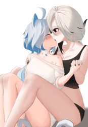 Rule 34 | 2girls, ^ ^, absurdres, ahoge, animal ears, arlecchino (genshin impact), bare legs, bare shoulders, black eyes, black tank top, blue hair, blush, cat ears, cat tail, chewycandy, closed eyes, commentary, crop top, furina (genshin impact), genshin impact, grey hair, hickey, highres, kemonomimi mode, kiss, long hair, looking at viewer, midriff, multiple girls, shirt, simple background, sitting, symbol-only commentary, tail, tank top, thighs, very long hair, white background, white shirt, yuri