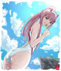 Rule 34 | 10s, 1girl, ass, backless outfit, breasts, candy, chris re5, cloud, darling in the franxx, day, dutch angle, food, from side, green eyes, grin, hairband, highres, horns, lens flare, lollipop, long hair, looking at viewer, medium breasts, one-piece swimsuit, outdoors, pink hair, ponytail, sky, smile, swimsuit, water, wet, white hairband, zero two (darling in the franxx)