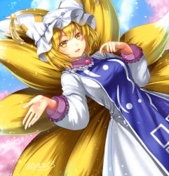 Rule 34 | 1girl, animal hat, bad id, bad pixiv id, blonde hair, blush, breasts, cherry blossoms, dress, dutch angle, fox girl, fox tail, frilled sleeves, frills, hat, kitsune, kyuubi, large breasts, long sleeves, looking at viewer, multiple tails, parted lips, short hair, smile, solo, tabard, tail, tassel, touhou, tsukiriran, white dress, yakumo ran, yellow eyes