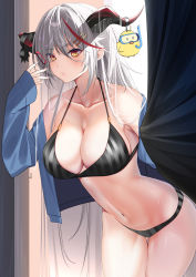 Rule 34 | 1girl, aegir (azur lane), ahoge, alternate costume, azur lane, bikini, black bikini, black ribbon, blue shirt, breasts, cleavage, collarbone, commentary request, diving mask, goggles, hair ornament, hairclip, highres, horns, inui kentarou, large breasts, long hair, manjuu (azur lane), multicolored hair, navel, parted lips, red hair, red horns, ribbon, shirt, slit pupils, snorkel, streaked hair, striped bikini, striped clothes, swimsuit, white hair, yellow eyes