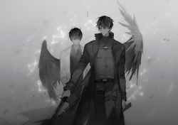 Rule 34 | 2boys, black hair, closed eyes, coat, collared shirt, constellation, expressionless, gradient background, highres, holding, holding sword, holding weapon, horns, jacket, kim dokja, long sleeves, looking to the side, male focus, monochrome, multiple boys, omniscient reader&#039;s viewpoint, sevenotsu, shirt, short hair, smile, spoilers, sword, thigh strap, trench coat, unsheathed, walking, weapon, white jacket, wings, yoo joonghyuk