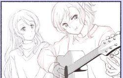 Rule 34 | 2girls, bang dream!, commentary, cropped, english commentary, hikawa hina, hikawa sayo, long hair, looking at another, medium hair, monochrome, multiple girls, playing guitar, siblings, sisters, sketch, smile, tongue, tongue out, twins, unfinished, xin (blueramen)