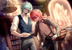 Rule 34 | 2boys, aqua hair, black pants, black shirt, blue hair, blue vest, book, closed mouth, commission, desk, diluc (genshin impact), dottore (genshin impact), earrings, fylus, genshin impact, gloves, grey pants, hair between eyes, jewelry, long hair, long sleeves, male focus, mask, multiple boys, navel, nipples, open clothes, open shirt, pants, ponytail, red eyes, red hair, shirt, short hair, smile, stomach, table, teeth, vest, white gloves, white shirt, yaoi