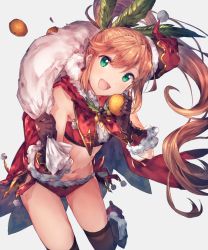 Rule 34 | 10s, 1girl, bad id, bad pixiv id, bare shoulders, black gloves, black thighhighs, blush, boots, brown hair, cape, christmas, clarisse (granblue fantasy), commentary request, en@rain, food, fruit, gloves, granblue fantasy, green eyes, hair ornament, hair ribbon, hat, highres, long hair, looking at viewer, navel, open mouth, orange (fruit), ponytail, ribbon, sack, santa costume, santa hat, smile, solo, strapless, thighhighs, tube top